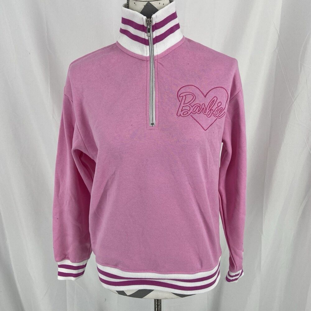 New Barbie Sweater Sweatshirt Pullover 1/4 Zip Pink Mattel Size Small